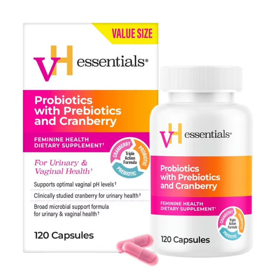 VH Essentials Probiotics With Prebiotics & Cranberry | For pH Balance, Vagina Odor Control, UTI Prevention & Improved Gut Health | 120 Capsules; Exp 01/2028