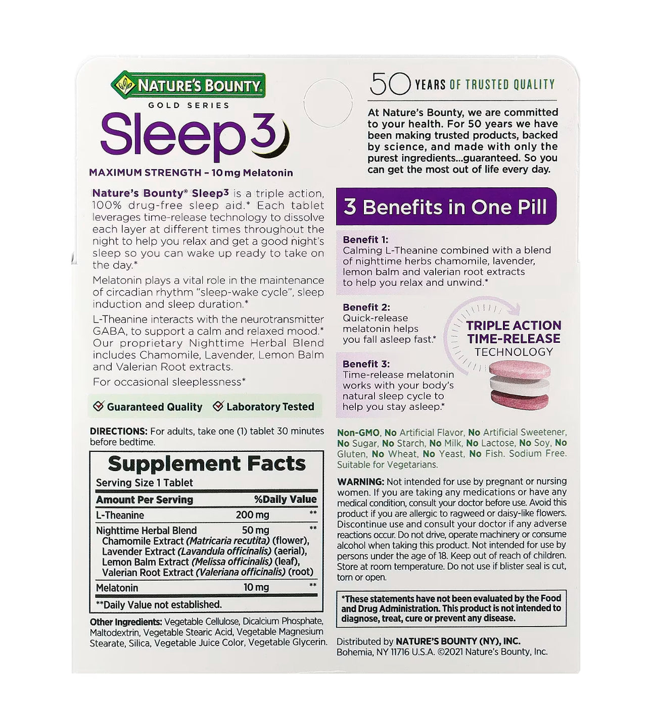 Nature's Bounty Gold Series Sleep3 Maximum Strength Melatonin 10mg | 100% Drug Free Sleep Aid | L-Theanine & Nighttime Herbal Blend; Chamomile, Lemon Balm, Lavender, Valerian Root | Time Release Technology | 60 Tri-Layered Tablets; Exp 02/2026