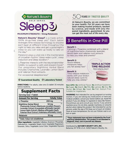 Nature's Bounty Gold Series Sleep3 Maximum Strength Melatonin 10mg | 100% Drug Free Sleep Aid | L-Theanine & Nighttime Herbal Blend; Chamomile, Lemon Balm, Lavender, Valerian Root | Time Release Technology | 60 Tri-Layered Tablets; Exp 02/2026