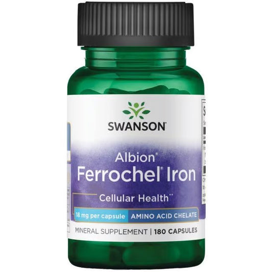 Swanson Albion Ferrochel Iron 18mg | Promotes Red Blood Cells Production | 180 Capsules Exp 09/2027