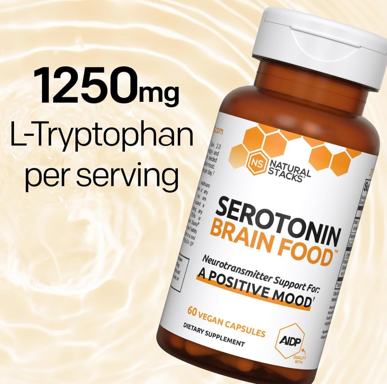 Serotonin Brain Food 1250mg L-Tryptophan & 400mg Rhodiola Rosea | Mood Support for Stress Relief | Neurotransmitter Support with Magnesium Glycinate & Zinc Glycinate | Non-Habit Forming | 75 Capsules; Exp 08/2026