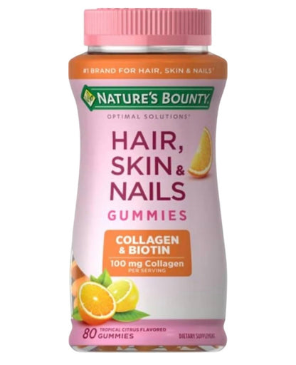 Nature's Bounty Hair Skin and Nails
Gummy With Collagen + Biotin |
Tropical Citrus Flavor | 80 Gummies; Exp 07/2027