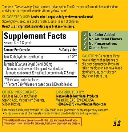 Nature Made Turmeric Curcumin 500mg | 60 Day Supply | Anti-Inflammatory & Antioxidant Support | 60 Capsules; Exp 05/2027