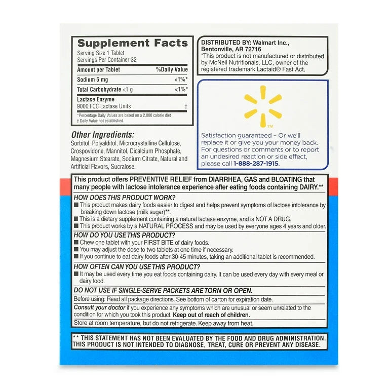 Equate Dairy Relief Fast Acting Lactase Enzyme  - Similar to Lactaid | Vanilla Flavor, 32 Chewable Tablets; Exp 05/2027