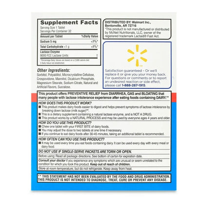 Equate Dairy Relief Fast Acting Lactase Enzyme  - Similar to Lactaid | Vanilla Flavor, 32 Chewable Tablets; Exp 05/2027