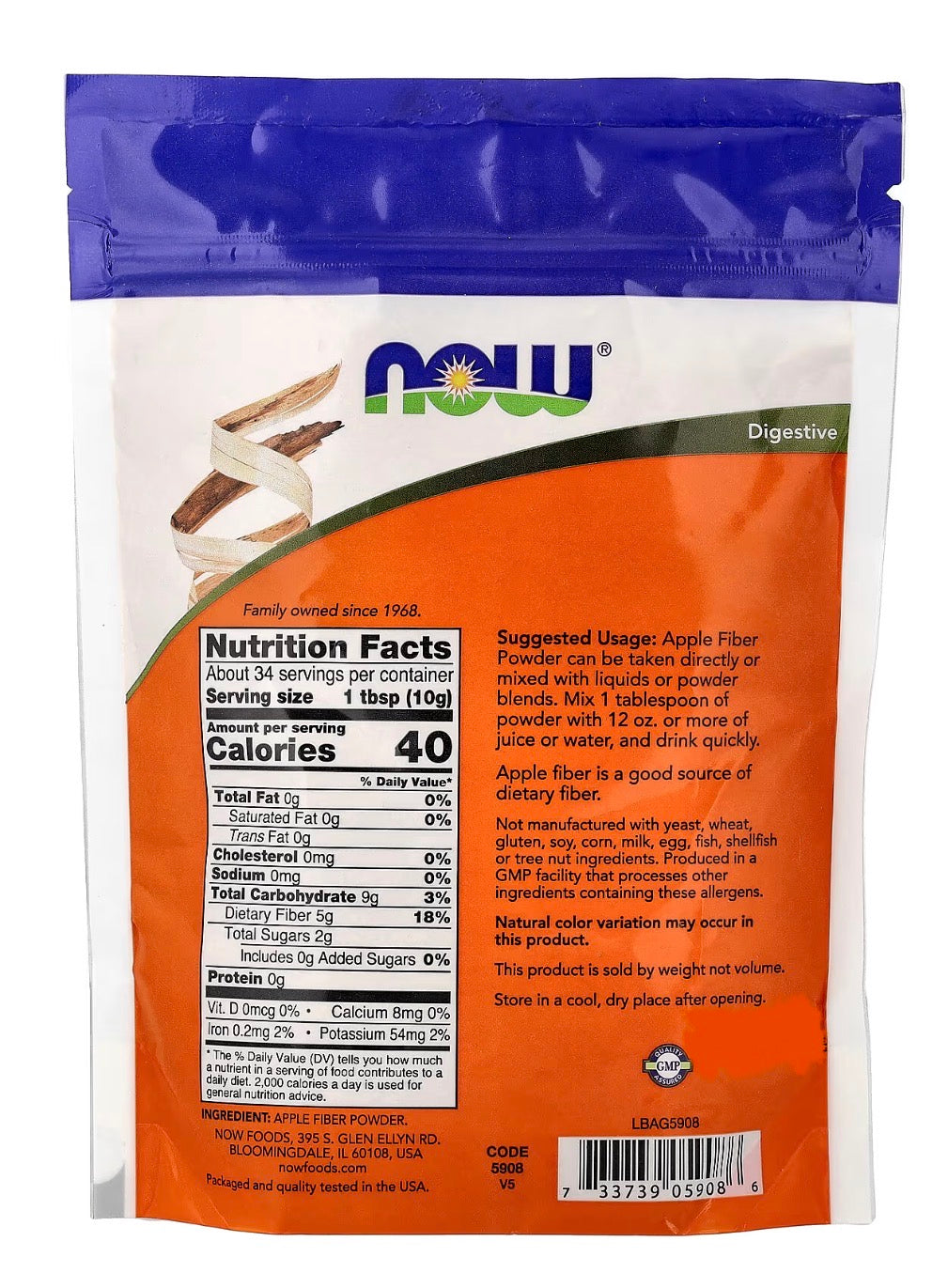 NOW Pure Apple Fiber Powder with Apple Pectin | 25% Soluble & 75% Insoluble Fibre | Improves Gut Health & Bowel Regularity | 12oz/340g; Exp 03/2030