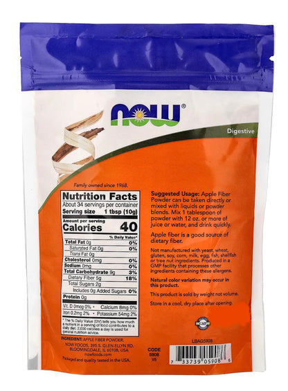 NOW Pure Apple Fiber Powder with Apple Pectin | 25% Soluble & 75% Insoluble Fibre | Improves Gut Health & Bowel Regularity | 12oz/340g; Exp 03/2030