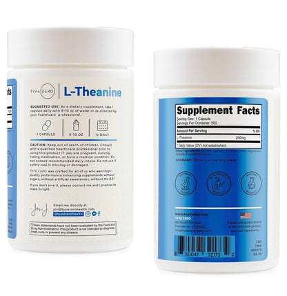 TypeZero L-Theanine 200mg Double Strength | Reduces Stress & Anxiety | Improves Sleep Quality & Mental Focus | 200 Capsules; Exp 07/2028
