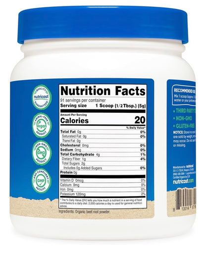 Nutricost Organic Beet Root Powder | Beetroot | Nitric Oxide Supplement for Men and Women | Pre-WorkOut | 91 Servings 16.2oz/454g; Exp 03/2029