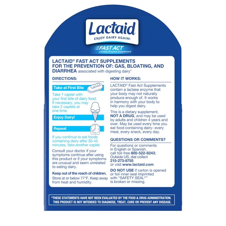 Lactaid Original Strength Lactase Enzyme | 9000 FCC Lactase Enzyme/Serving | 96 Servings | Prevents Gas, Bloating & Diarrhea Associated with Lactose Intolerance | Suitable for Adults & Children, Ages 4 & up | 96 Caplets; Exp 11/2028