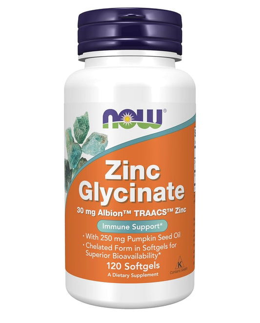 Now Zinc Glycinate 30 mg with 250 mg Pumpkin Seed Oil | Supports Prostate Health | Highly Bioavailable Form | 120 Softgels; Exp 11/2029
