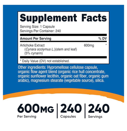 Nutricost Artichoke Extract 600mg | Supports Healthy Digestive, Liver & Cardiovascular Function | Promotes Normal Bile Flow & Fat Digestion | 240 Capsules; Exp 01/2029