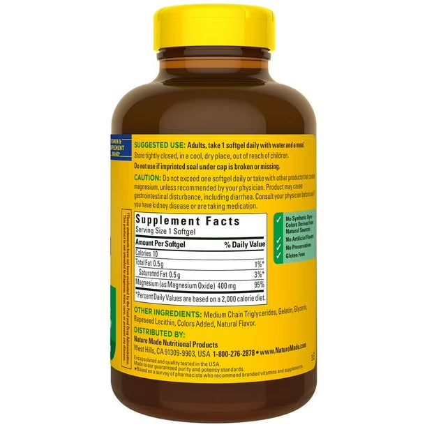 Nature Made Extra Strength Magnesium Oxide 400mg | 5-Month Supply | Supports Nerve, Heart, Bone health & Muscle Relaxation | 150 Softgels; Exp 03/2028