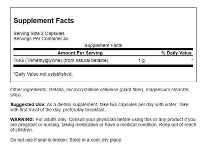 Swanson Trimethylglycine (TMG) 500mg | Betaine Anhydrous | Supports Detoxification | Promotes Healthy Liver Function
& Normal Homocysteine Levels | 90 Capsules Exp 09/2026