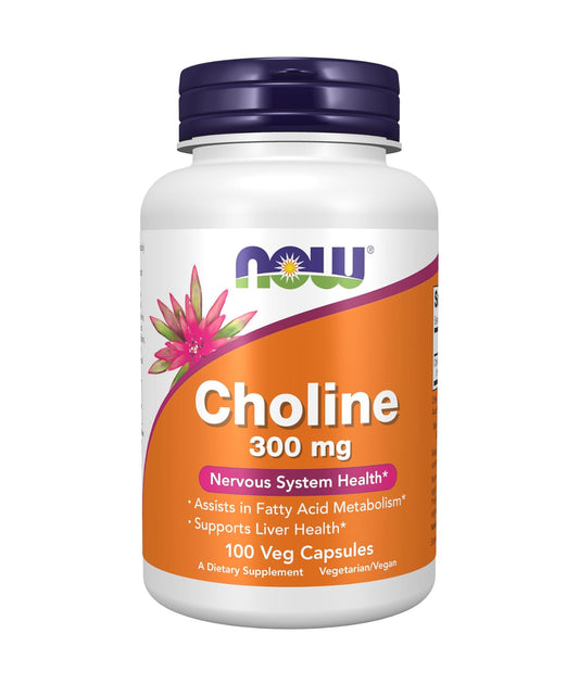 NOW Choline 300 mg | from 730 mg Choline Bitartrate | Supports Nervous System and Liver Health | 100 Veg Capsules; Exp 01/2028