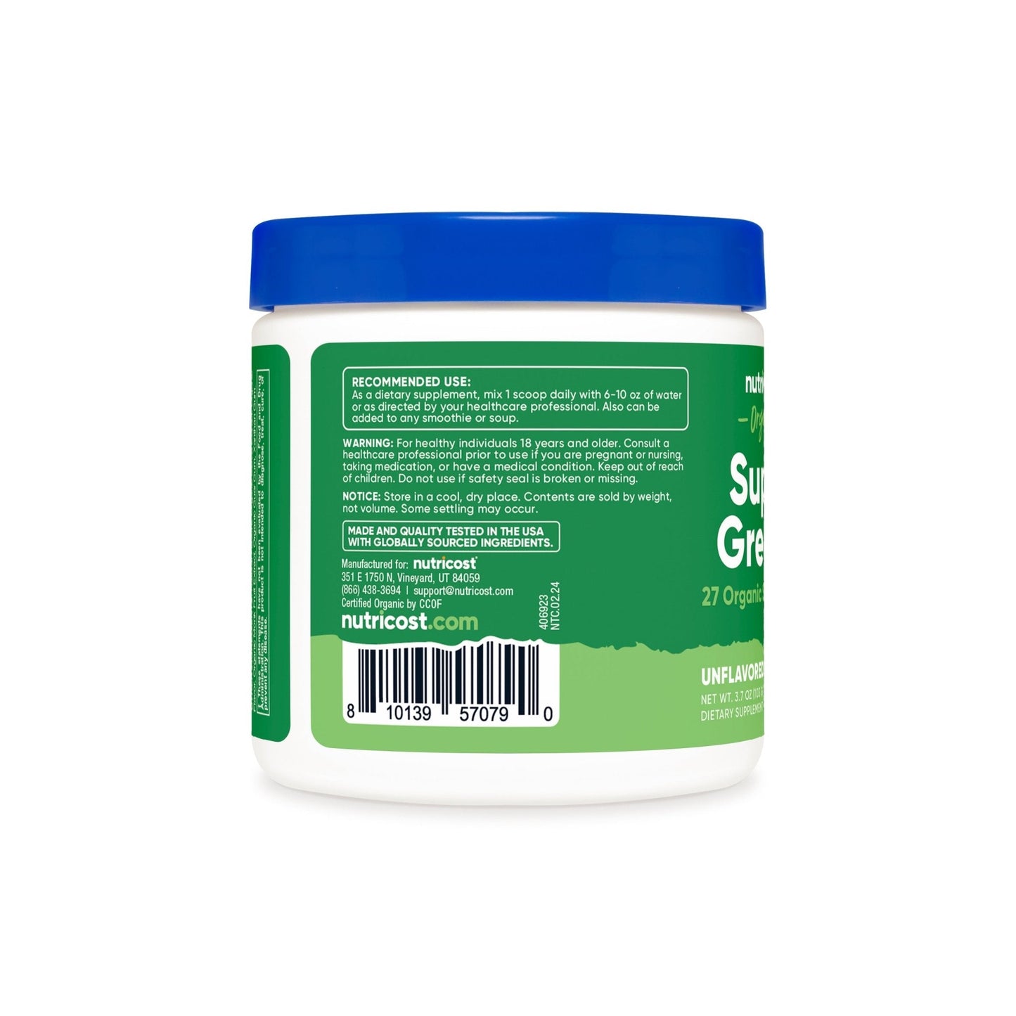 Nutricost Organic Super Greens Powder | 10 Servings | Superfood Drink Mix | Unflavored ~ 3.7oz/103g; Exp 04/2027