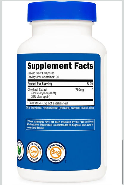 Nutricost Olive Leaf Extract 750 mg | 20% Oleuropein | Boosts Immune System | Supports Healthy Inflammatory Response & cardiovascular health | 90 Capsules; Exp 10/2027