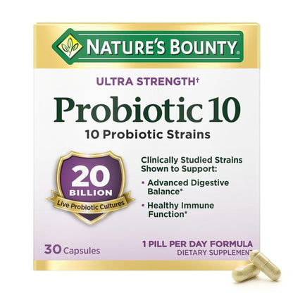 Nature’s Bounty Probiotic 10, Ultra Strength | 20 Billion Live Probiotic Cultures, 10 Strains | Support for Digestive, Immune and Upper Respiratory Health | 30 Capsules Exp 05/2026