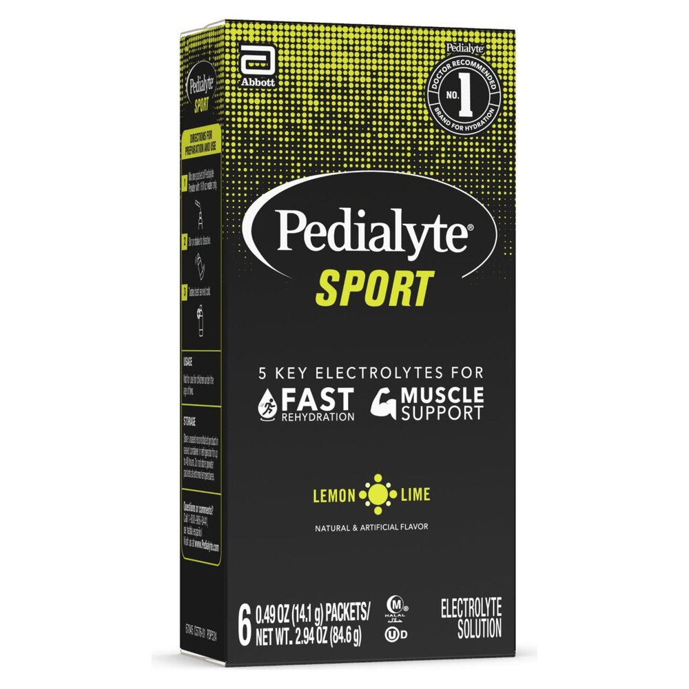 Pedialyte Sport Electrolyte Powder | 5 Key Electrolytes for Fast Hydration & Muscle Support | Lemon Lime Flavor~6 Packets; Exp 08/2025