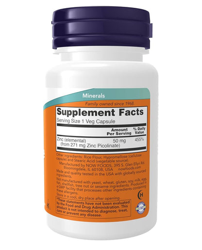 NOW Zinc Picolinate 50 mg | Supports Enzyme Functions | Immune Support | 30 Capsules; Exp 06/2030