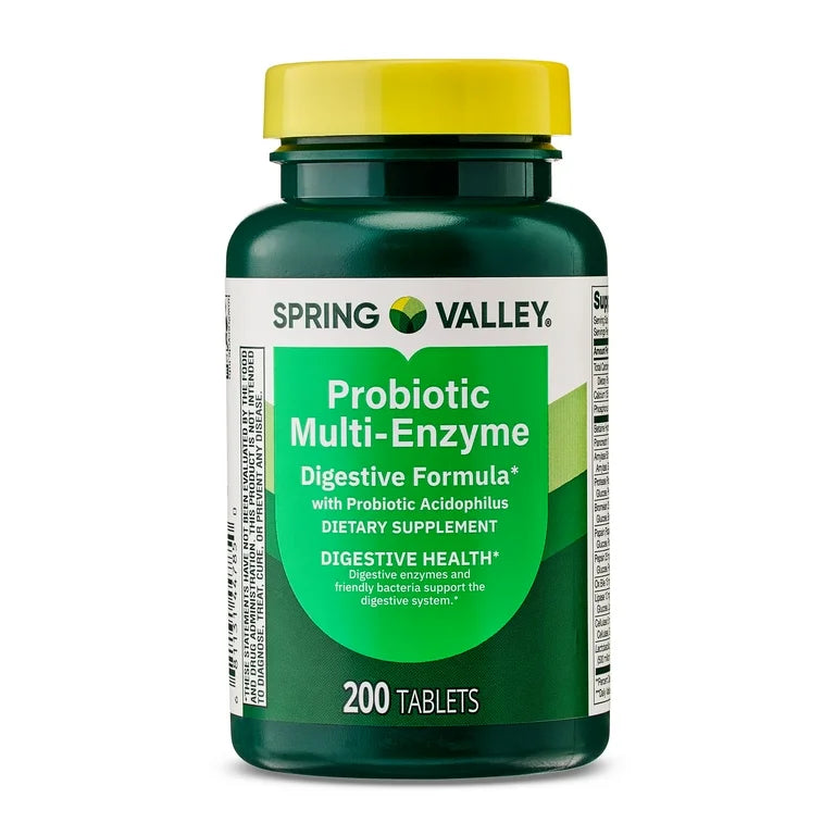 Spring Valley Probiotic Multi-Enzyme Digestive Formula | 66 Day Supply | Improves Digestion | Digestive Enzymes | 200 Tablets; Exp 05/2027 *New look