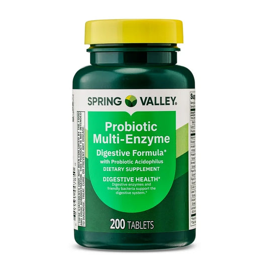 Spring Valley Probiotic Multi-Enzyme Digestive Formula | 66 Day Supply | Improves Digestion | Digestive Enzymes | 200 Tablets; Exp 05/2027 *New look