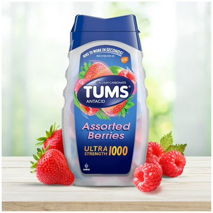 TUMS Ultra Strength Heartburn Relief Chewable Antacid Tablets | 1000mg Calcium Carbonate | 3.6x the Regular 72ct Pack | Assorted Berries Flavor | 265 Chewable Tablets; Exp 12/2030