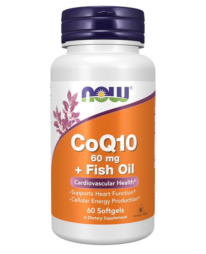 NOW CoQ10 60mg with Omega 3 Fish Oil | Supports Cardiovascular Health | 60 Softgels; Exp 03/2031