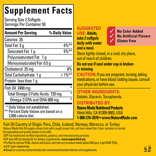 Nature Made Fish Oil 1200mg |Healthy Heart Support | 360mg Omega 3 | 100 Softgels, Exp 07/2028