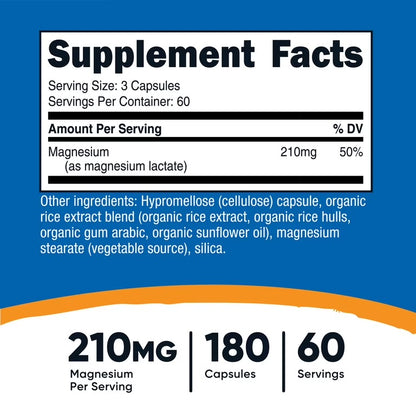 Nutricost Magnesium Lactate 210mg | Supports Muscle & Bone Health | Better Tolerated & Easier on the Stomach | 180 Capsules; Exp 10/2028