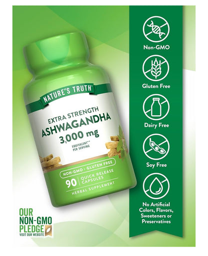 Nature's Truth Extra Strength Ashwagandha 3000mg  | with Black Pepper Extract | 90 Capsules; Exp 10/2027