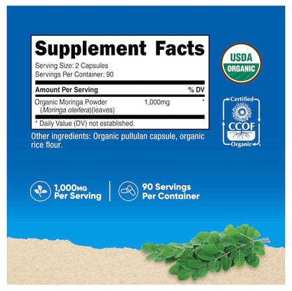 Nutricost Moringa 1000mg | 90 Servings | SuperFood | Antimicrobial, Anti-inflammatory & Antioxidant | 180 Capsules; Exp 02/2029