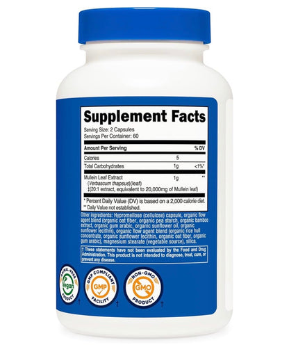 Nutricost Mullein Leaf Extract | Traditional Used to Clear Mucus | Promotes Healthy Immune, Bronchial & Respiratory Function | 120 Capsules; Exp 01/2029