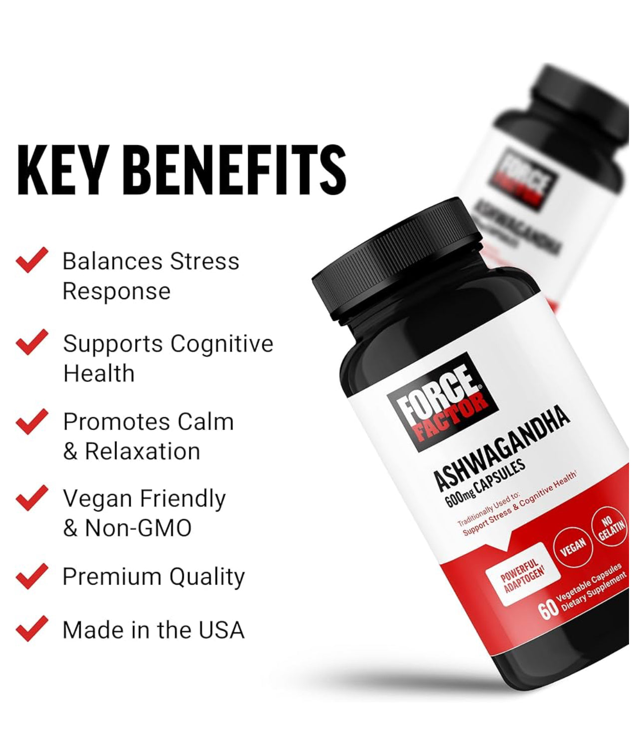 FORCE FACTOR Ashwagandha 600mg | Adaptogens to Support Stress and Cognitive Health | Promotes Calm & Relaxation | 60 Capsules; Exp 03/2028