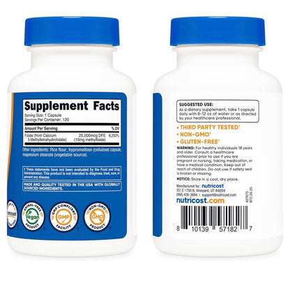 Nutricost L- MethylFolate 5-MTHF (Vitamin B9) 15mg | Quatrefolic - Biologically Active Form of Folate | 120 Capsules; Exp 09/2028