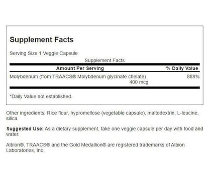 Swanson Albion Chelated Molybdenum 400 mcg | Metabolic Support | 60 Capsules; Exp 03/2028