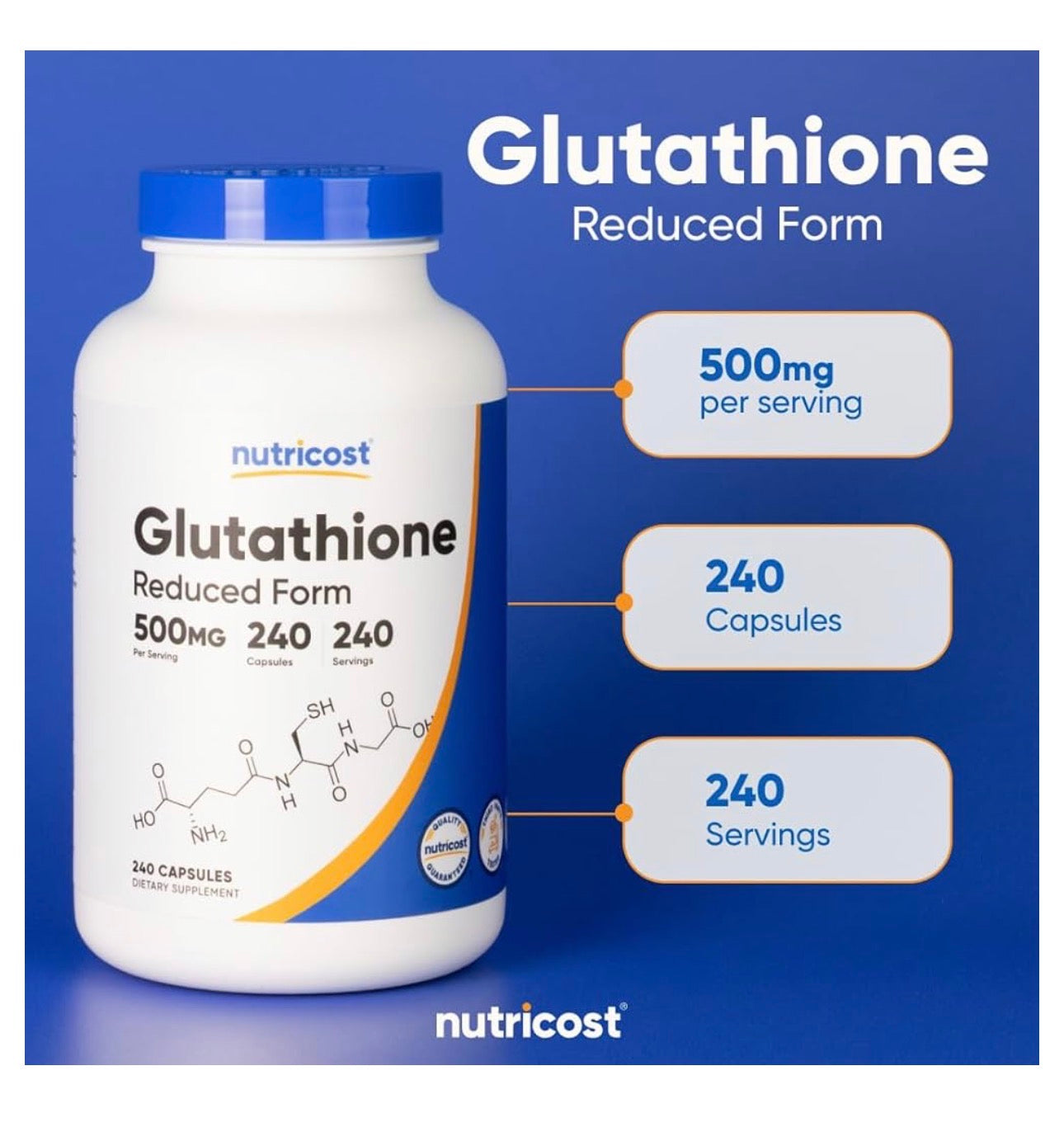 Nutricost Glutathione 500mg | 240 Servings | Antioxidant | 240 Capsules; Exp 05/2028