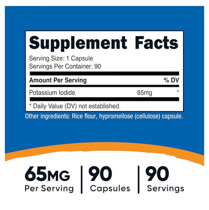 Nutricost  Potassium Iodide 65mg | Supports Electrolyte Balance & Healthy Thyroid Function | 90 Capsules; Exp 08/2028