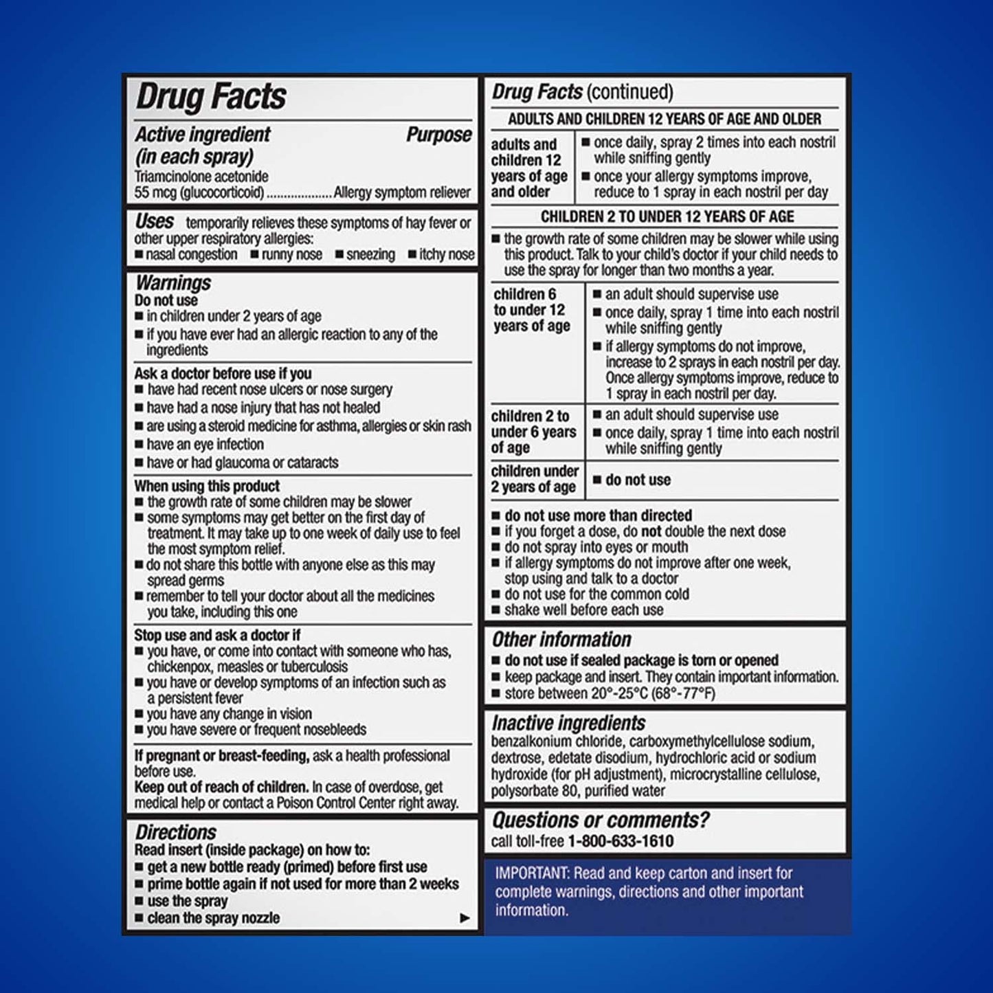 Nasacort 24HR Allergy Nasal Spray for Adults | Triamcinolone Acetone (Glucocorticoid) 55mcg | Non-drowsy & Alcohol-Free, 60 Sprays, 0.37 fl.oz. Exp 10/2025