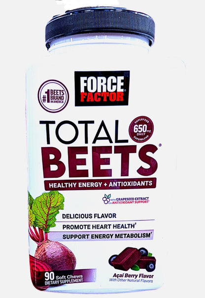 Force Factor Total Beets Soft Chews with Beetroot, Nitrates, L-Citrulline, Grapeseed Extract, & Antioxidants | Supports Heart Health Energy, Metabolism | Superfood | Açai Berry Flavor ~ 90 Soft Chews; Exp 03/2028