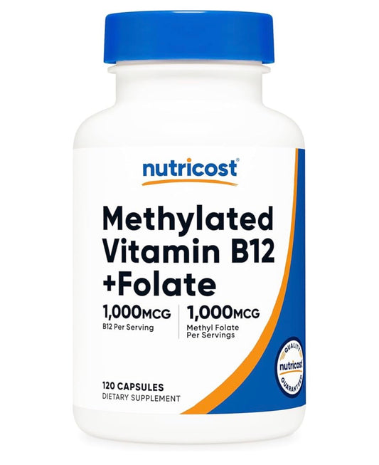 Nutricost Methylated Vitamin B12 + Folate | L-5-MethylFolate (Quatrefolic) 1000 mcg + Methylcobalamin 1,000 mcg | Gentle on Stomach | Supports Heart, Brain, Nerve, Digestive Health | Maintains  Healthy RBCs Production | 120 Capsules; Exp 11/2028