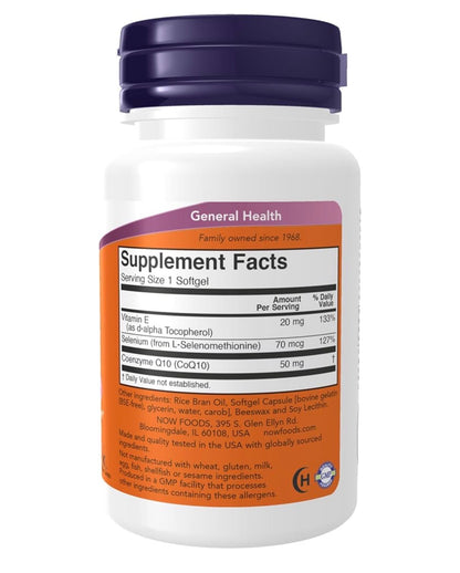NOW CoQ10 50mg with Selenium & Vitamin E | Supports Energy Production | 50 Softgels; Exp 01/2030