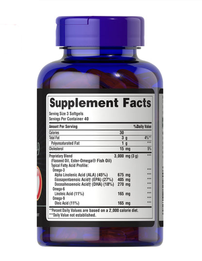 Puritan’s Pride Triple Omega 3-6-9 Fish & Flax Oils | Maintains Healthy Skin, Supports Heart Health & Proper Nervous System Function | 120 Rapid Release Softgels; Exp 08/2027