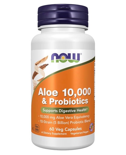 NOW Aloe 10,000 & Probiotics with 10-Strain (5 Billion CFU) Probiotic Blend | 60 Capsules; Exp 05/2028