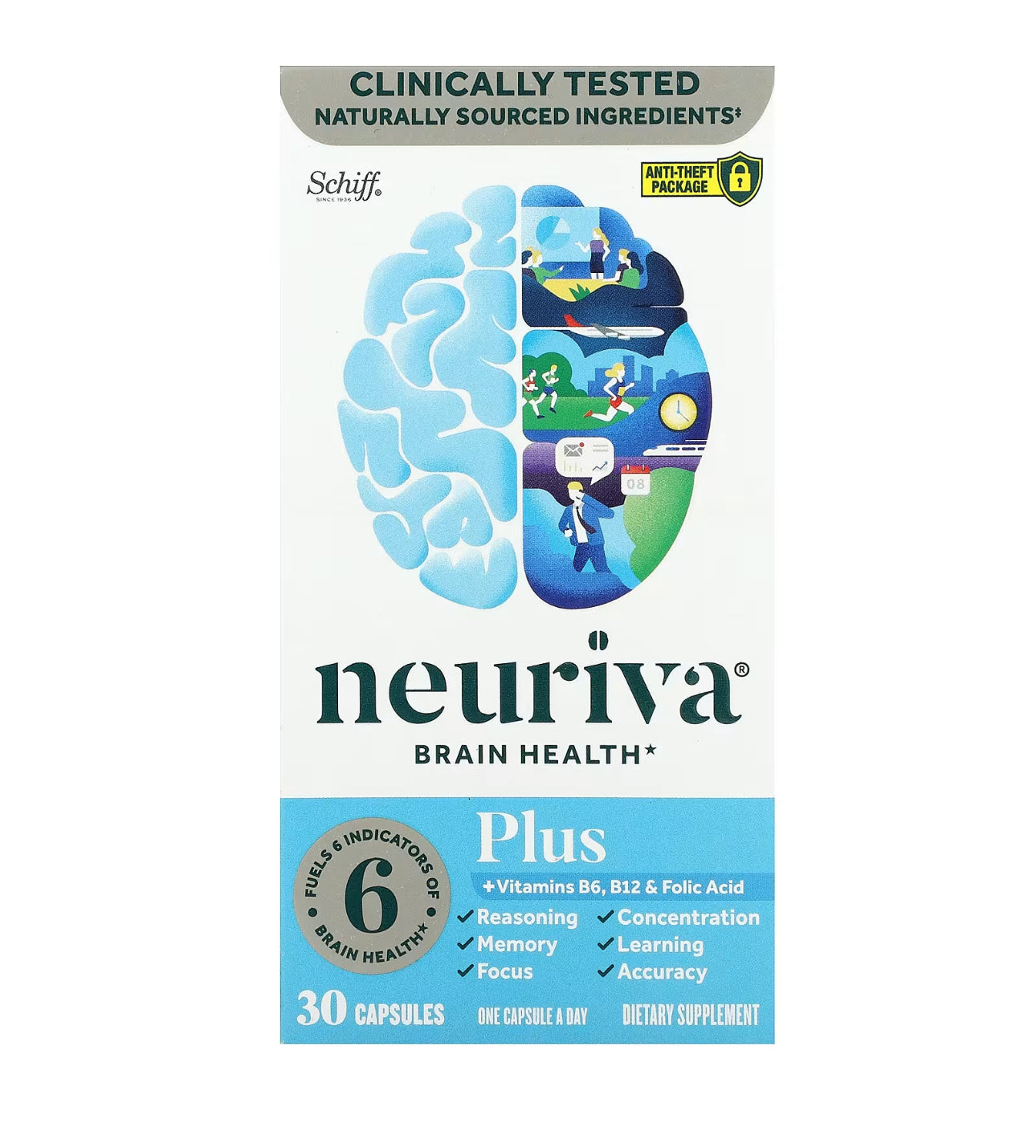 Schiff’s NEURIVA Plus | Brain Supplement for Memory and Focus with Vitamins B6, B12, Phosphatidylserine | Nootropics for Concentration for Mental Clarity, Cognitive Enhancement | 30 Capsules; Exp 07/2026