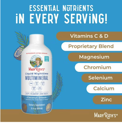 MaryRuth’s Organics Liquid Nighttime Multimineral | For the Whole Family (1 Year & Above) | Bedtime Routine with Magnesium Citrate, Calcium, Zinc, Vitamin D3, MSM, Chromium | Coconut Dream, 22oz/650ml; Exp 04/2027