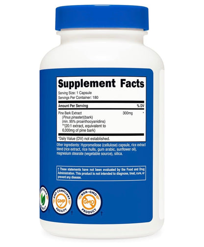 Nutricost Pine Bark Extract 6000mg | Reduces Oxidative Stress & Inflammation at the Cellular Level | 180 Capsules; Exp 11/2028