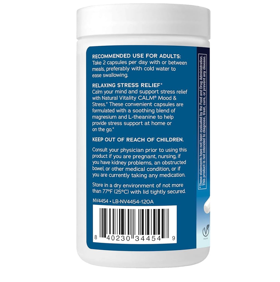Natural Vitality CALM Mood and Stress | Magnesium Glycinate with L-Theanine & Rhodiola | Supports Body & Mind Relaxation | 120 Capsules; Exp 07/2026