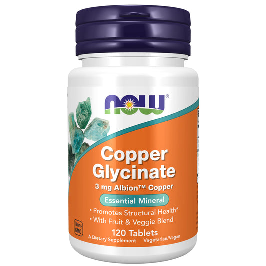Now Copper Glycinate 3mg | Promotes Structural Health | Essential Trace Mineral | Involved in Connective Tissue Synthesis & Neurotransmitter Production | 120 Tablets Exp 06/2026