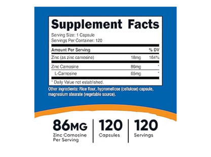 Nutricost Zinc L-Carnosine Complex | Digestive Support | 120 Veggie Capsules; Exp 11/2027
